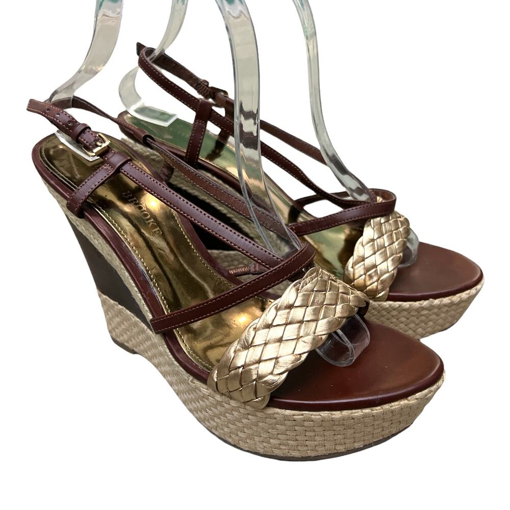 Audrey Brooke Shakes Espadrille Wedge Sandals Brown Gold Weave Platform Boho 9.5